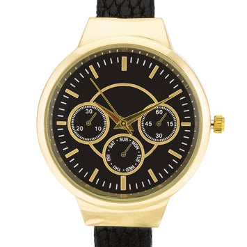 Gold Black Leather Cuff Watch