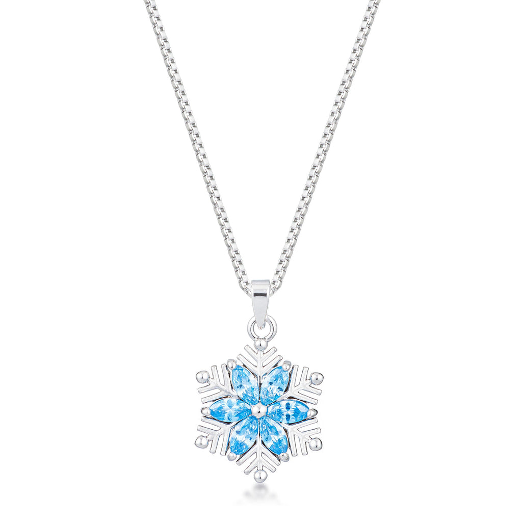 Rhodium Aqua Blue Snowflake Necklace