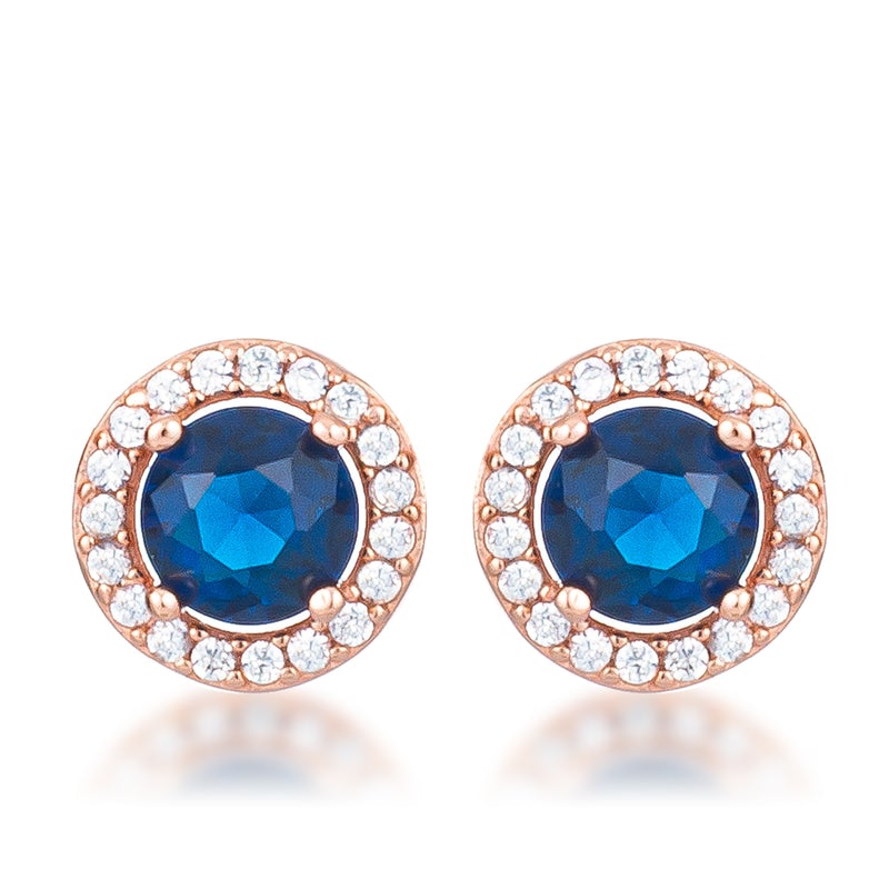 Rose Gold Plated Sapphire Blue Halo Earrings