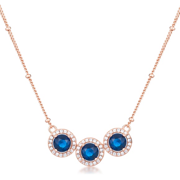 Rose Gold Plated Sapphire Blue Tri-Halo Necklace