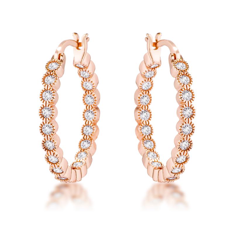 Rose Gold Plated Dotted Round Bezel Hoops