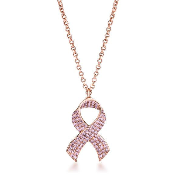 Rose Plated Pink CZ Pave Ribbon Necklace