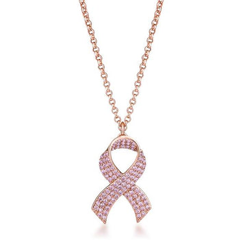 Rose Plated Pink CZ Pave Ribbon Necklace