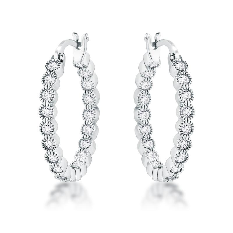 Rhodium Plated Dotted Round Bezel Hoops